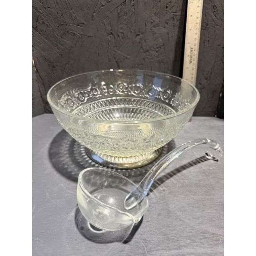 vtg KIG Malaysia Pressed crystal Punch bowl/ silver metal bottom with glass lad